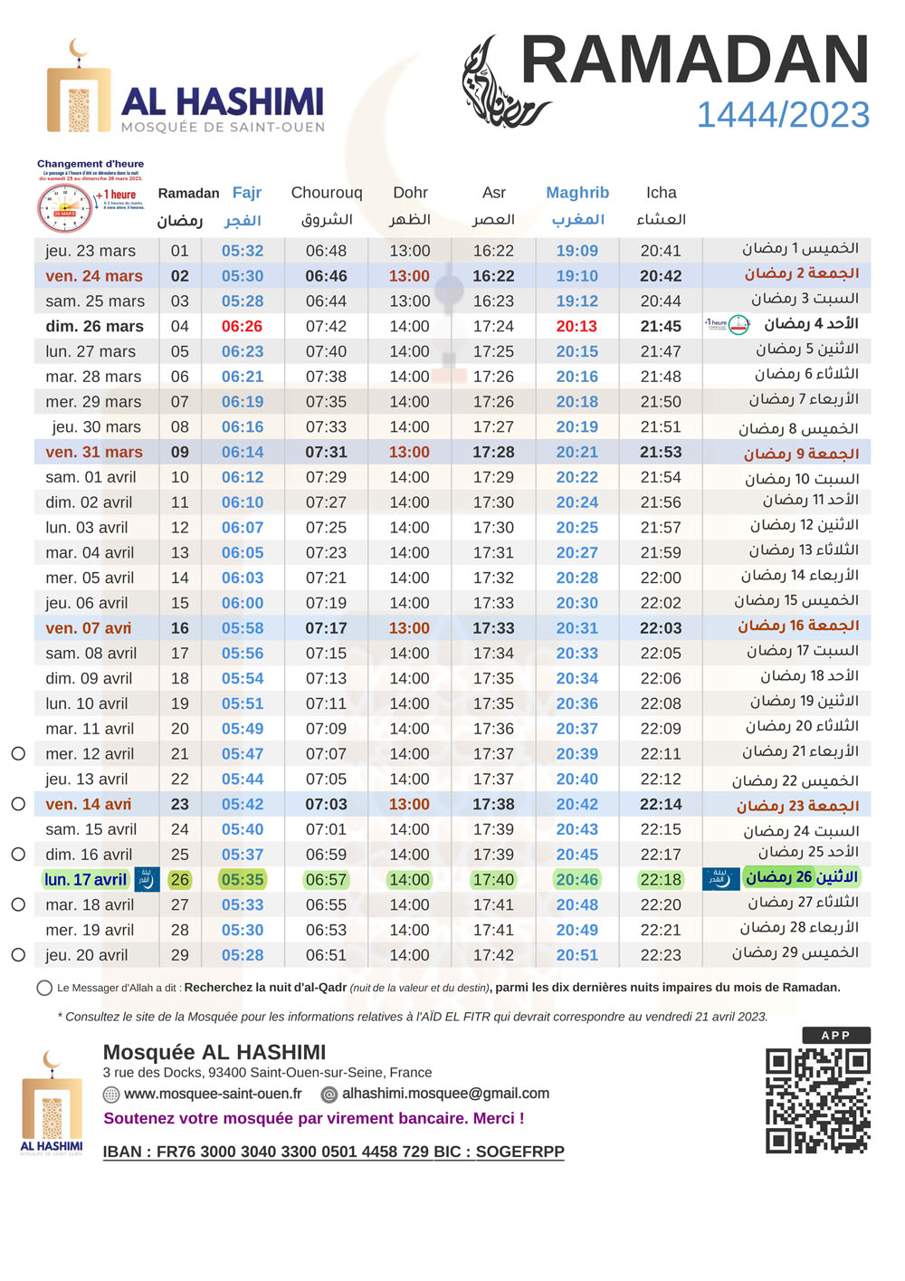 Horaires de prières Ramadan 2023